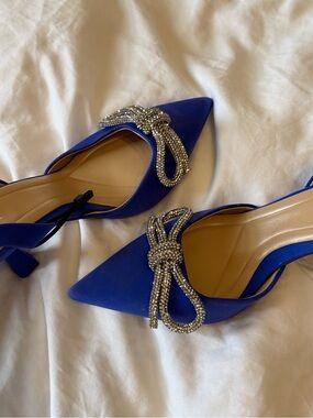 Zara Cobalt Blue Pointed Satin Slingback Heels with Crystal Knot